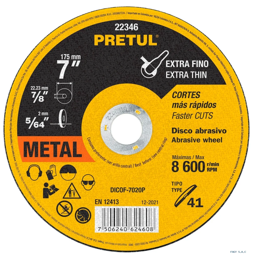 Disco Tipo 41 de 7" x 2 mm corte fino de  metal, Pretul  22346  DICOF-7020P