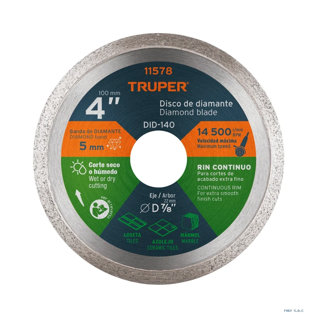 Disco de diamante de 4" x 1.6 mm, rin  continuo, TRUPER 11578 DID-140