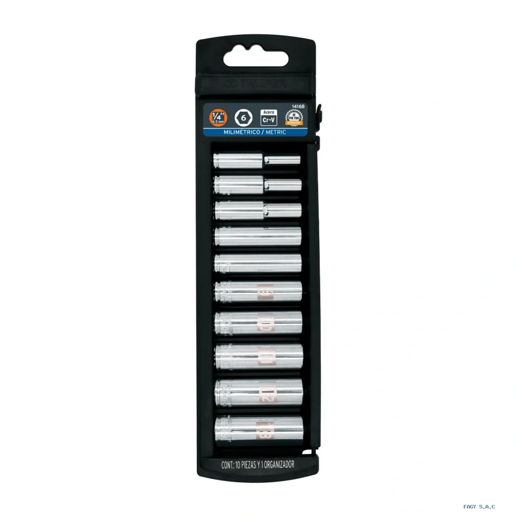 Juego de 10 dados largos cuadro 1/4" mm, Truper 14168