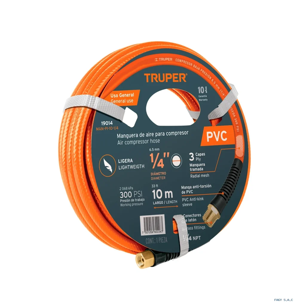 Manguera para compresor, de PVC, 10m x 1/4", Truper 19014