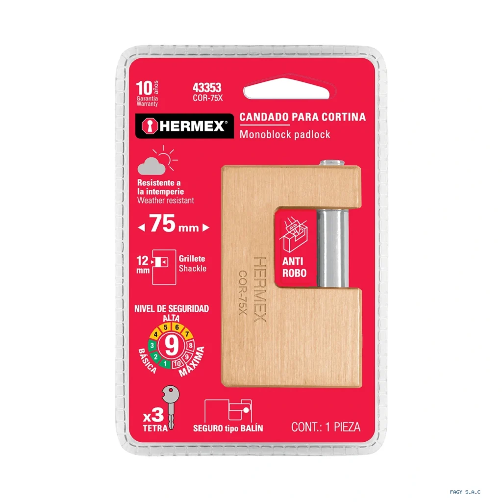 Candado antipalanca, 75mm, cuerpo de latón, llave tetra 43353