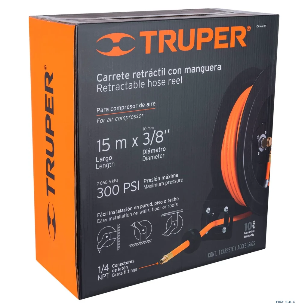 Manguera para compresor,de hule,15m x 3/8",carrete retráctil 10388