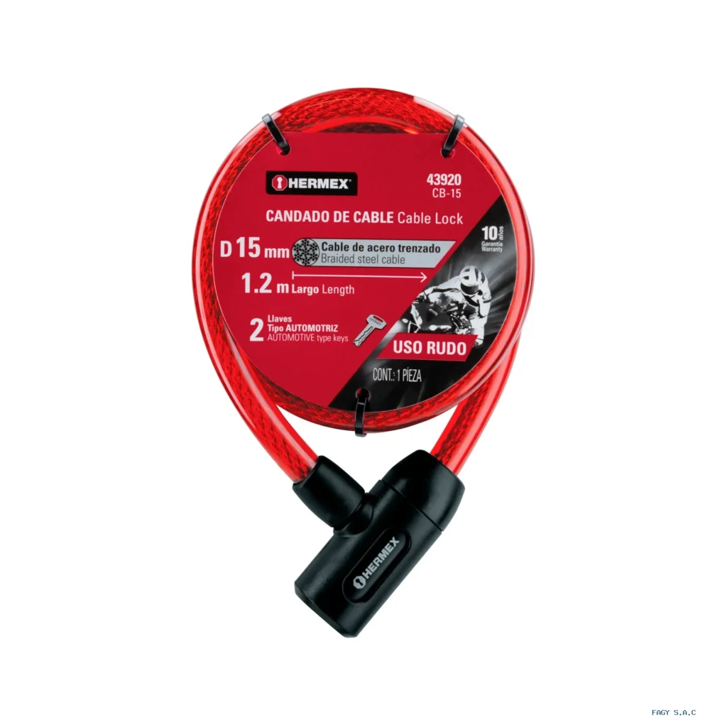 Candado de cable con llave, 15mm X 1.20 m, HERMEX 43920
