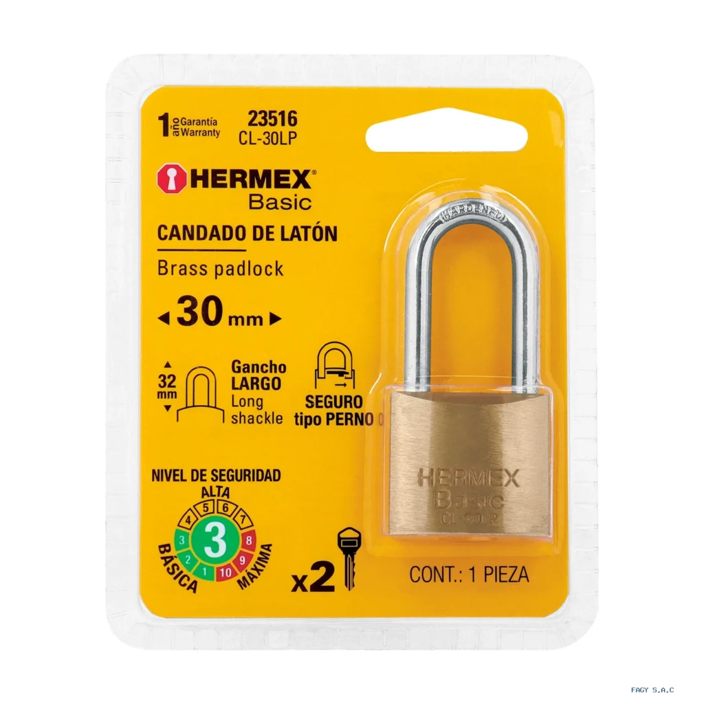 Candado de latón 30 mm gancho largo en blíster, HERMEX BASIC 23516