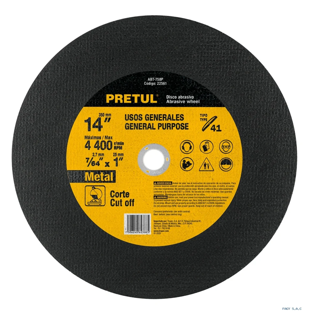 Disco Tipo 41 de 14" x 3.1 mm para  corte de metal, PRETUL 22561 ABT-758P