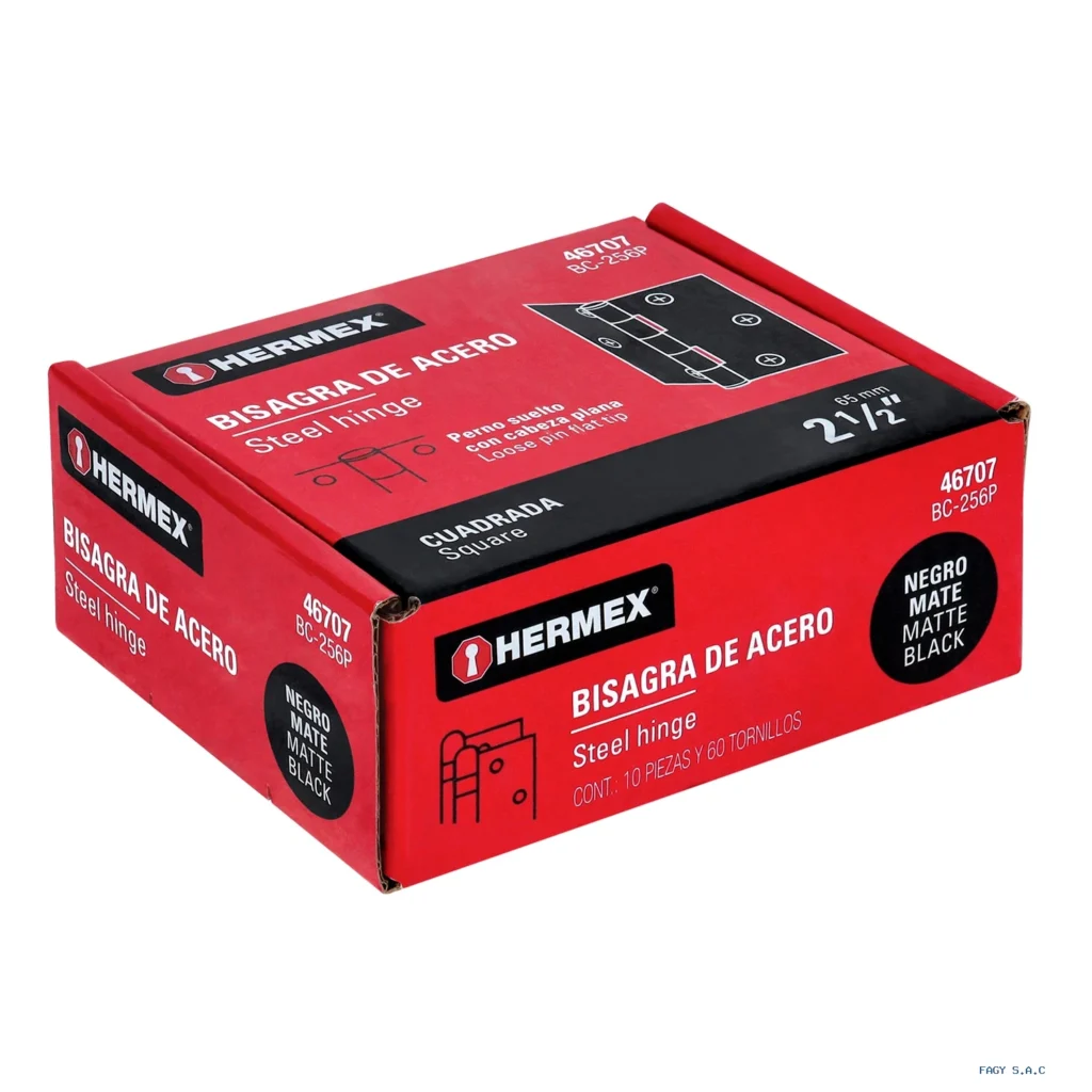 Bisagra cuadrada 2 1/2", negro mate, cabeza plana, HERMEX 46707