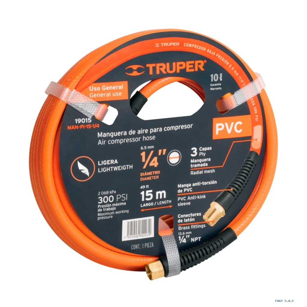 Manguera para compresor, de PVC, 15m x 1/4", Truper 19015